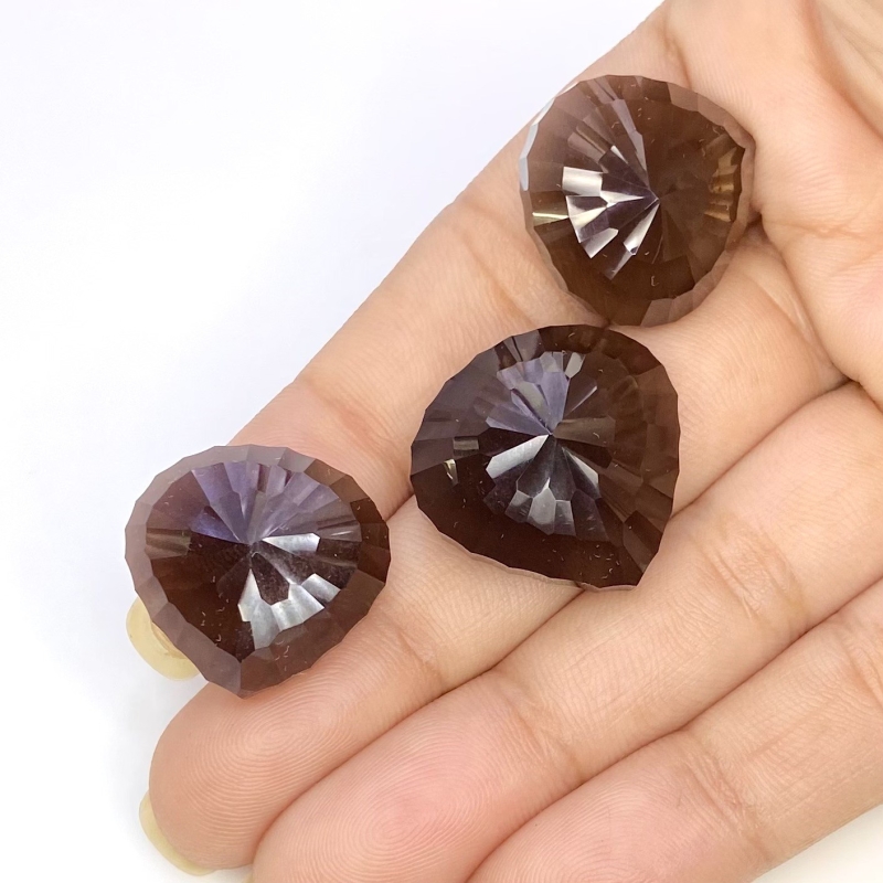 65.40 Carat Smoky Quartz 17.5-21mm Concave Cut Heart Shape AAA Grade Matched Cabochons Set - Total 3 Pcs.