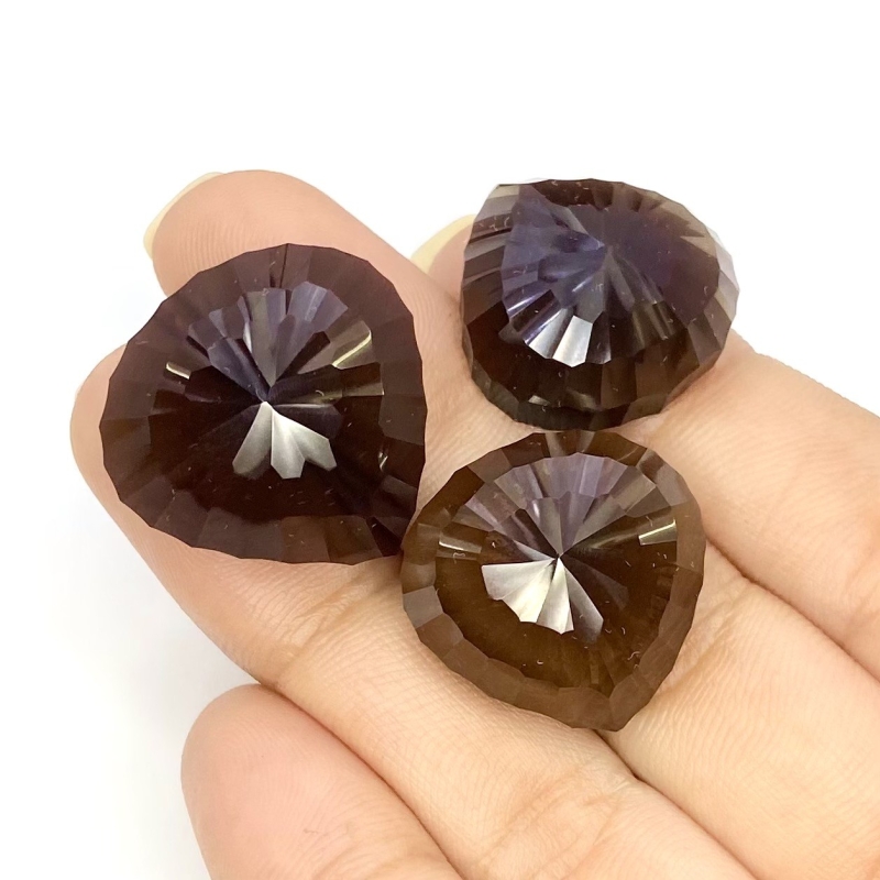 65.40 Carat Smoky Quartz 17.5-21mm Concave Cut Heart Shape AAA Grade Matched Cabochons Set - Total 3 Pcs.
