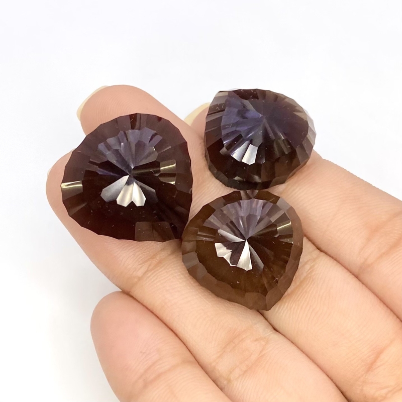 65.40 Carat Smoky Quartz 17.5-21mm Concave Cut Heart Shape AAA Grade Matched Cabochons Set - Total 3 Pcs.