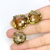  68.10 Cts. Olive Quartz 18.5-21mm Checkerboard Heart Shape AAA Grade Matched Gemstones Set - Total 3 Pcs.