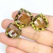  68.10 Cts. Olive Quartz 18.5-21mm Checkerboard Heart Shape AAA Grade Matched Gemstones Set - Total 3 Pcs.