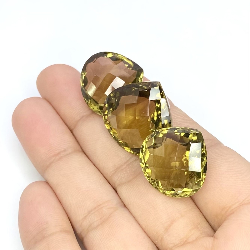  68.10 Cts. Olive Quartz 18.5-21mm Checkerboard Heart Shape AAA Grade Matched Gemstones Set - Total 3 Pcs.