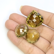  68.10 Cts. Olive Quartz 18.5-21mm Checkerboard Heart Shape AAA Grade Matched Gemstones Set - Total 3 Pcs.