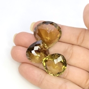  68.10 Cts. Olive Quartz 18.5-21mm Checkerboard Heart Shape AAA Grade Matched Gemstones Set - Total 3 Pcs.