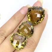  68.10 Cts. Olive Quartz 18.5-21mm Checkerboard Heart Shape AAA Grade Matched Gemstones Set - Total 3 Pcs.