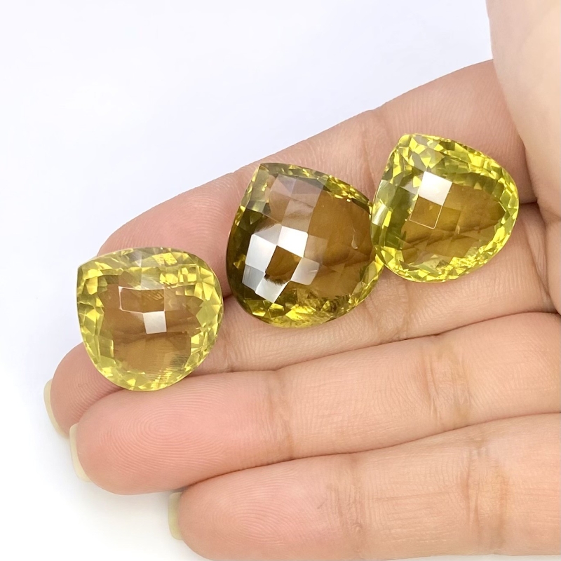  69.85 Cts. Olive Quartz 18.5-21mm Checkerboard Heart Shape AAA Grade Matched Gemstones Set - Total 3 Pcs.
