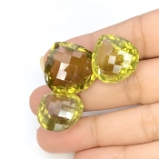  69.85 Cts. Olive Quartz 18.5-21mm Checkerboard Heart Shape AAA Grade Matched Gemstones Set - Total 3 Pcs.