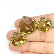  60.25 Cts. Olive Quartz 17.5-21mm Checkerboard Heart Shape AAA Grade Matched Gemstones Set - Total 3 Pcs.