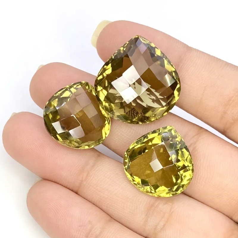  60.25 Cts. Olive Quartz 17.5-21mm Checkerboard Heart Shape AAA Grade Matched Gemstones Set - Total 3 Pcs.