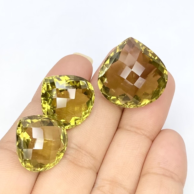  60.25 Cts. Olive Quartz 17.5-21mm Checkerboard Heart Shape AAA Grade Matched Gemstones Set - Total 3 Pcs.