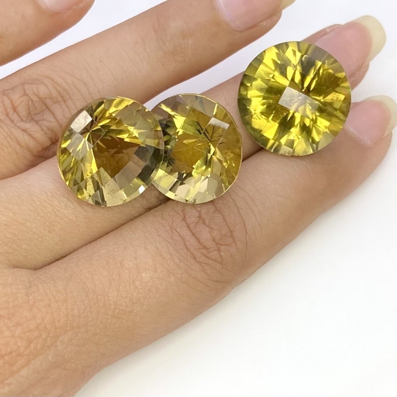  57.75 Cts. Olive Quartz 17-18.5mm Checkerboard Round Shape AAA Grade Matched Gemstones Set - Total 3 Pcs.