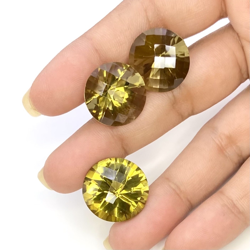  57.75 Cts. Olive Quartz 17-18.5mm Checkerboard Round Shape AAA Grade Matched Gemstones Set - Total 3 Pcs.