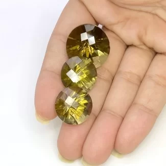  65.10 Cts. Olive Quartz 17-20.5mm Checkerboard Round Shape AAA Grade Matched Gemstones Set - Total 3 Pcs.
