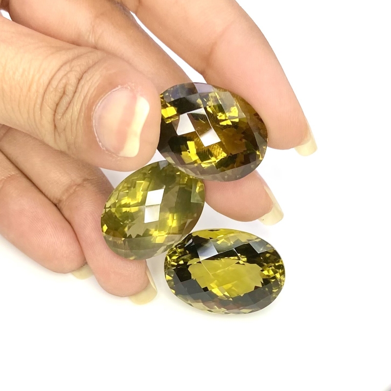  85.90 Cts. Olive Quartz 24x17.5-23x13mm Checkerboard Oval Shape AAA Grade Matched Gemstones Set - Total 3 Pcs.
