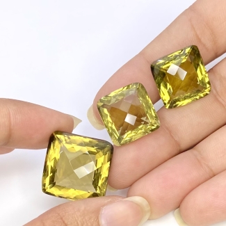  65.50 Cts. Olive Quartz 15-19mm Checkerboard Cushion Shape AAA Grade Matched Gemstones Set - Total 3 Pcs.