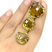  61.15 Cts. Olive Quartz 17-21mm Checkerboard Heart Shape AAA Grade Matched Gemstones Set - Total 3 Pcs.