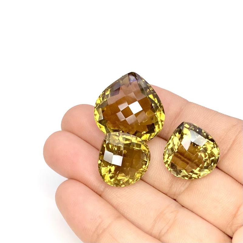  61.15 Cts. Olive Quartz 17-21mm Checkerboard Heart Shape AAA Grade Matched Gemstones Set - Total 3 Pcs.