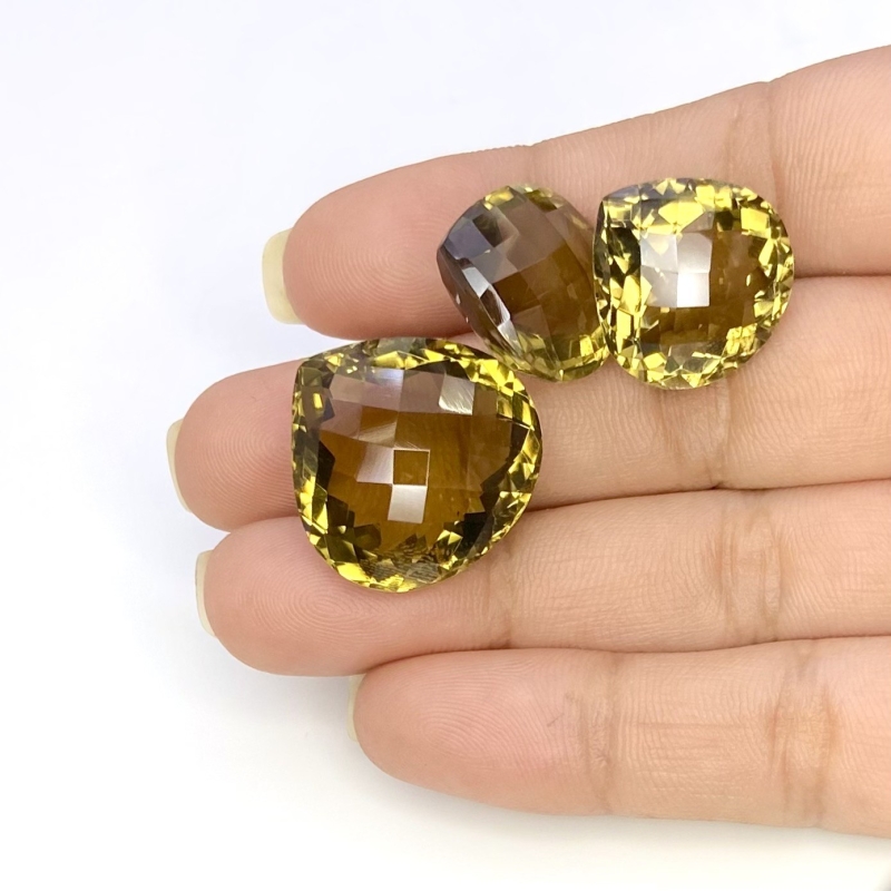  61.15 Cts. Olive Quartz 17-21mm Checkerboard Heart Shape AAA Grade Matched Gemstones Set - Total 3 Pcs.
