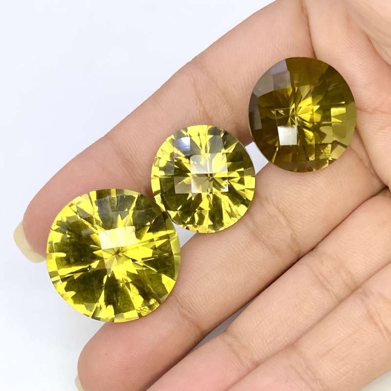  82.45 Cts. Olive Quartz 18.5-23mm Checkerboard Round Shape AAA Grade Matched Gemstones Set - Total 3 Pcs.