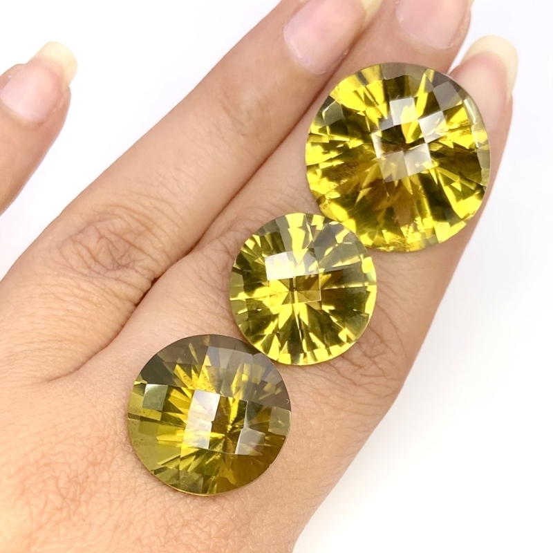  82.45 Cts. Olive Quartz 18.5-23mm Checkerboard Round Shape AAA Grade Matched Gemstones Set - Total 3 Pcs.