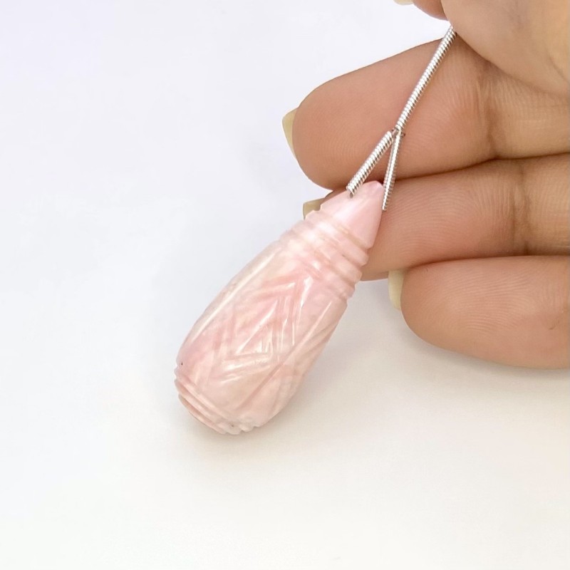 39.30 Cts Pink Opal 34mm Carved Drop Shape AA Grade Loose Gemstone Carving - Total 1 Pc.