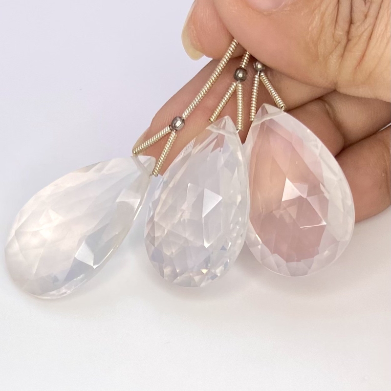  105 Carat Ice Quartz 29-33mm Briolette Pear Shape AA Grade Matched Gemstone Beads Set - Total 3 Pcs.