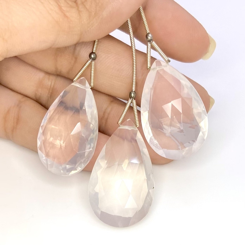  105 Carat Ice Quartz 29-33mm Briolette Pear Shape AA Grade Matched Gemstone Beads Set - Total 3 Pcs.