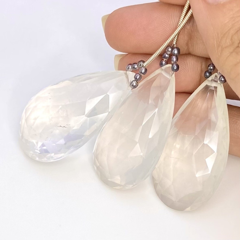  200.35 Carat Ice Quartz 38-40mm Briolette Pear Shape AA Grade Matched Gemstone Beads Set - Total 3 Pcs.