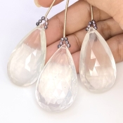  200.35 Carat Ice Quartz 38-40mm Briolette Pear Shape AA Grade Matched Gemstone Beads Set - Total 3 Pcs.
