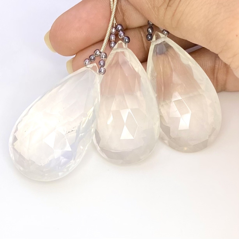  200.35 Carat Ice Quartz 38-40mm Briolette Pear Shape AA Grade Matched Gemstone Beads Set - Total 3 Pcs.