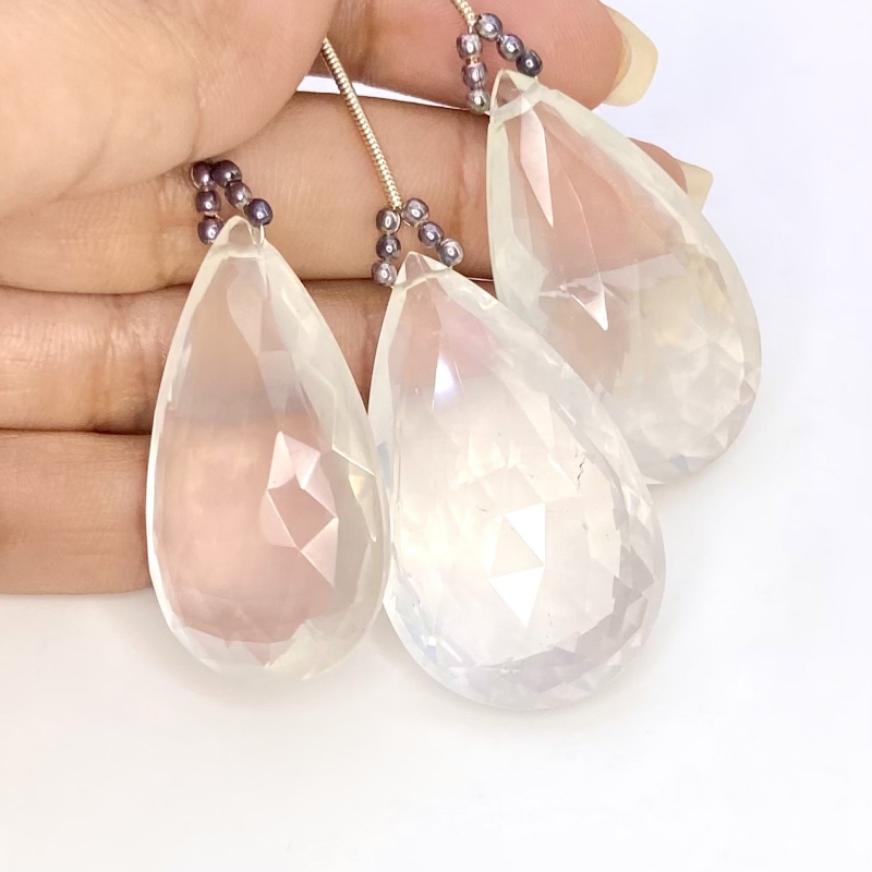  200.35 Carat Ice Quartz 38-40mm Briolette Pear Shape AA Grade Matched Gemstone Beads Set - Total 3 Pcs.
