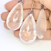  200.35 Carat Ice Quartz 38-40mm Briolette Pear Shape AA Grade Matched Gemstone Beads Set - Total 3 Pcs.