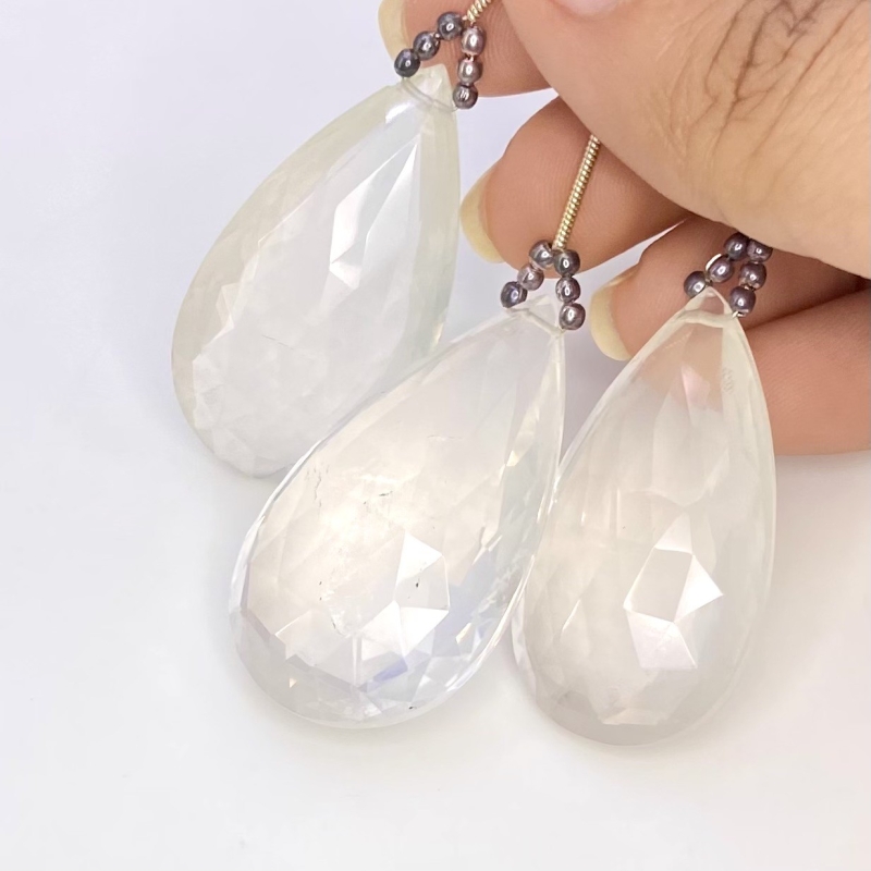  200.35 Carat Ice Quartz 38-40mm Briolette Pear Shape AA Grade Matched Gemstone Beads Set - Total 3 Pcs.