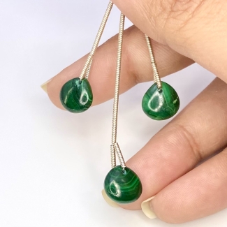  18.40 Carat Malachite 10mm Smooth Heart Shape AA Grade Matched Gemstone Beads Set - Total 3 Pcs.