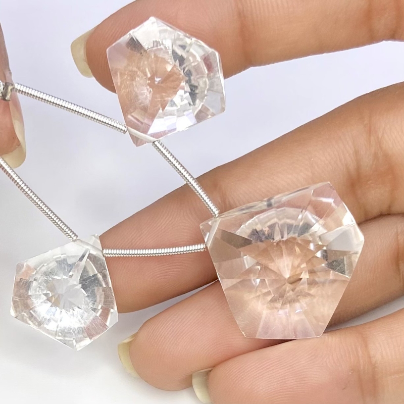  61 Carat Crystal Quartz 15-20mm Briolette Hexagon Shape AAA Grade Matched Gemstone Beads Set - Total 3 Pcs.