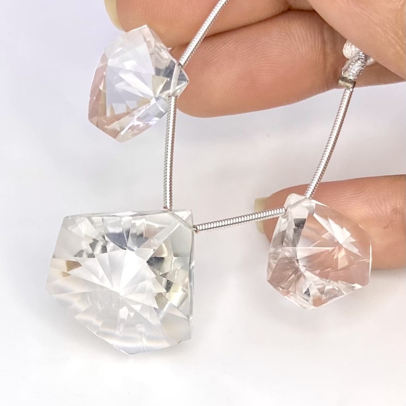 61 Carat Crystal Quartz 15-20mm Briolette Hexagon Shape AAA Grade Matched Gemstone Beads Set - Total 3 Pcs.
