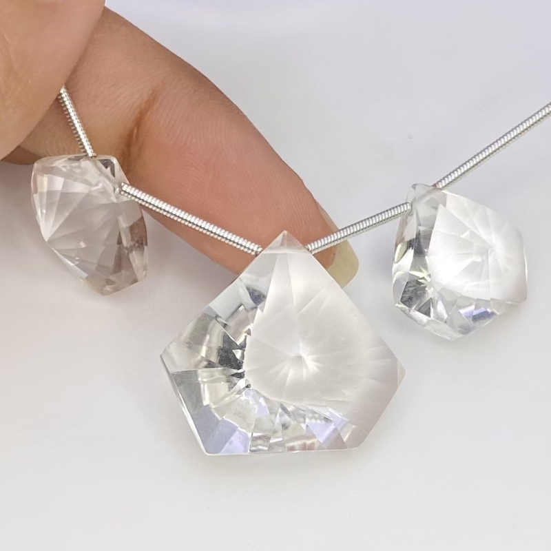  61 Carat Crystal Quartz 15-20mm Briolette Hexagon Shape AAA Grade Matched Gemstone Beads Set - Total 3 Pcs.