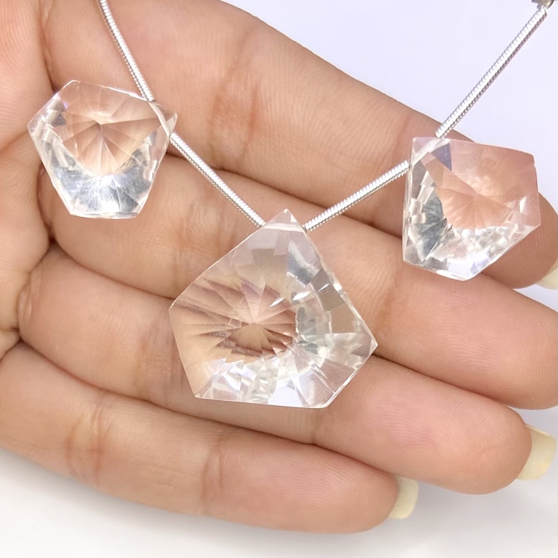  61 Carat Crystal Quartz 15-20mm Briolette Hexagon Shape AAA Grade Matched Gemstone Beads Set - Total 3 Pcs.