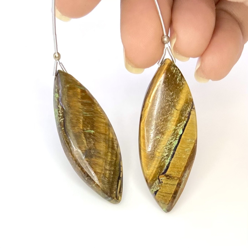  79.25 Carat Tiger Eye 42x16.5mm  Marquise Shape B Grade Matched Gemstone Beads Pair - Total 2 Pcs.