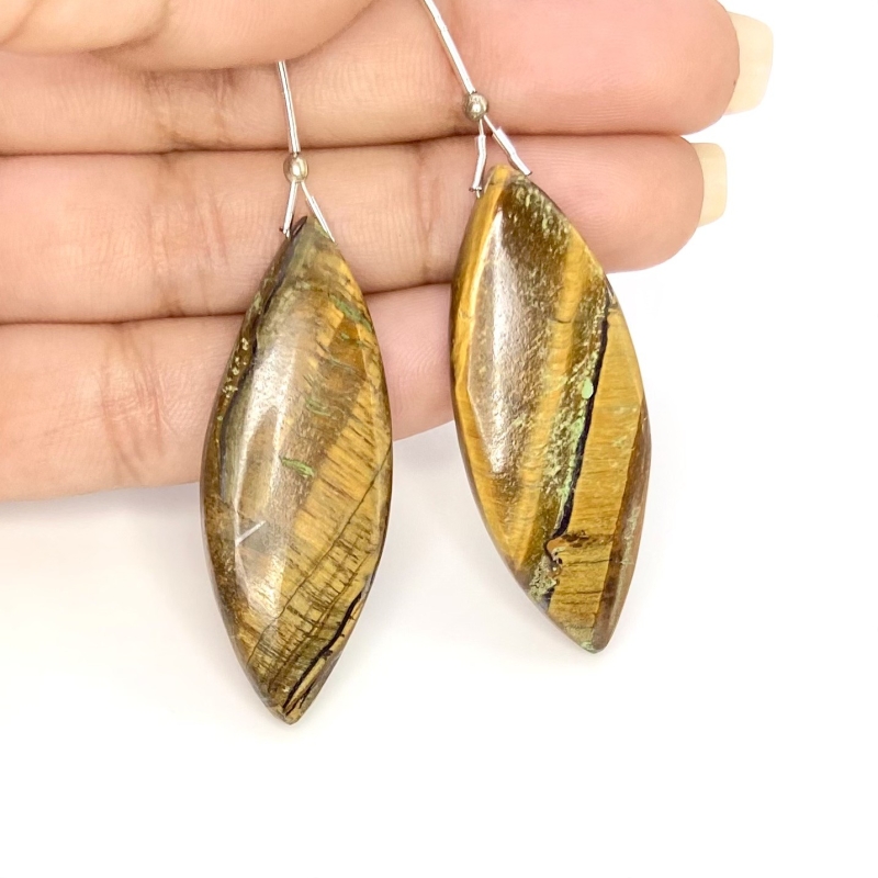  79.25 Carat Tiger Eye 42x16.5mm  Marquise Shape B Grade Matched Gemstone Beads Pair - Total 2 Pcs.