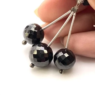 35.2 Carat Black Spinel 10-11.5mm Faceted Round Shape AAA Grade Matched Gemstone Beads Set - Total 3 Pcs.