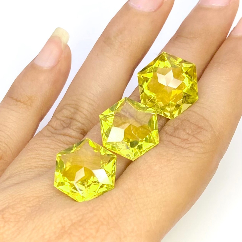  30.30 Cts. Lemon Quartz 14-14.5mm Fancy Cut Hexagon Shape AAA Grade Matched Gemstones Set - Total 3 Pcs.