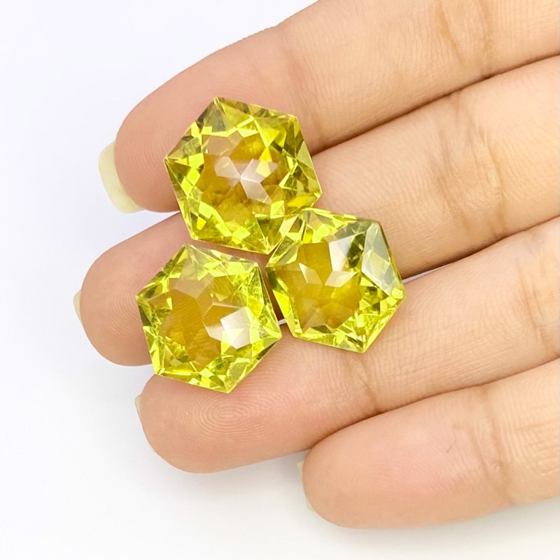 30.30 Cts. Lemon Quartz 14-14.5mm Fancy Cut Hexagon Shape AAA Grade Matched Gemstones Set - Total 3 Pcs.