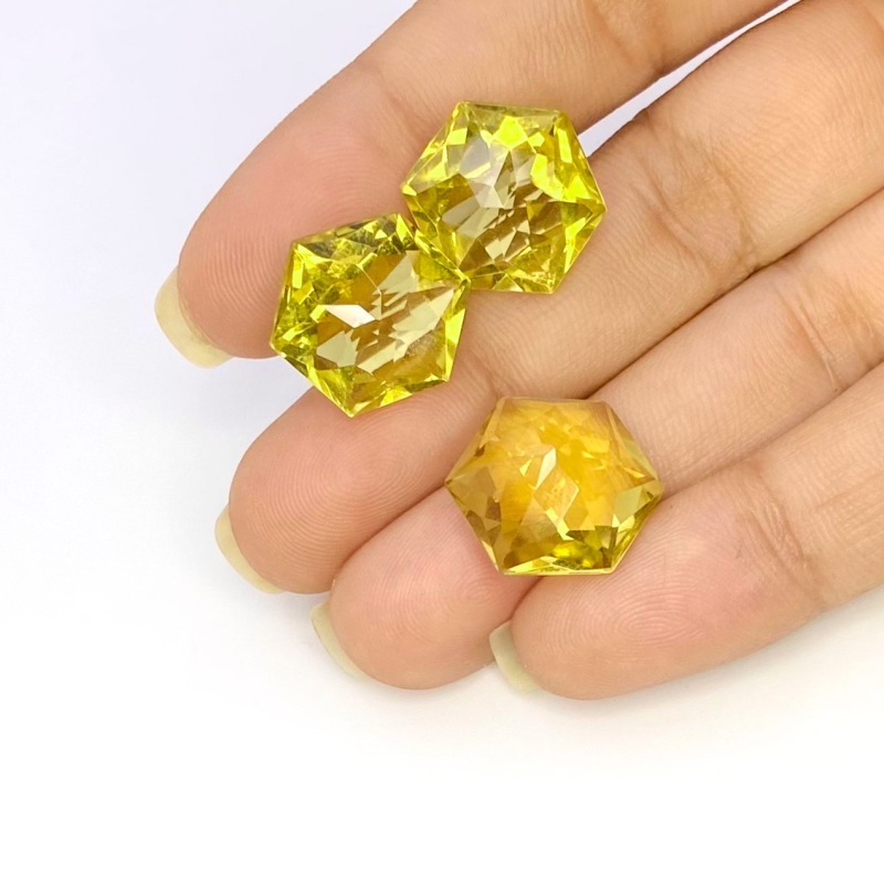  30.30 Cts. Lemon Quartz 14-14.5mm Fancy Cut Hexagon Shape AAA Grade Matched Gemstones Set - Total 3 Pcs.