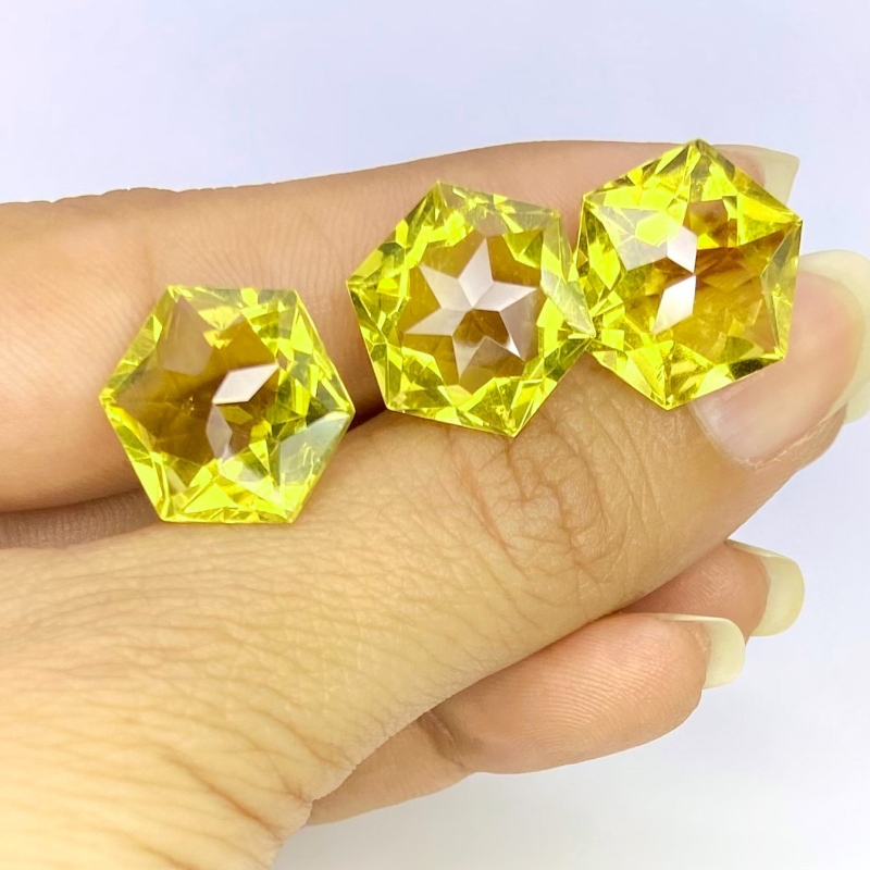  30.30 Cts. Lemon Quartz 14-14.5mm Fancy Cut Hexagon Shape AAA Grade Matched Gemstones Set - Total 3 Pcs.