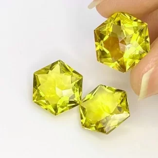  30.30 Cts. Lemon Quartz 14-14.5mm Fancy Cut Hexagon Shape AAA Grade Matched Gemstones Set - Total 3 Pcs.