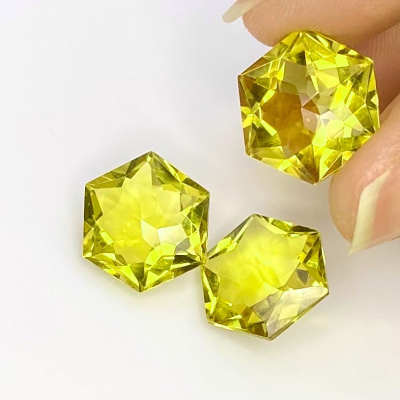  30.30 Cts. Lemon Quartz 14-14.5mm Fancy Cut Hexagon Shape AAA Grade Matched Gemstones Set - Total 3 Pcs.