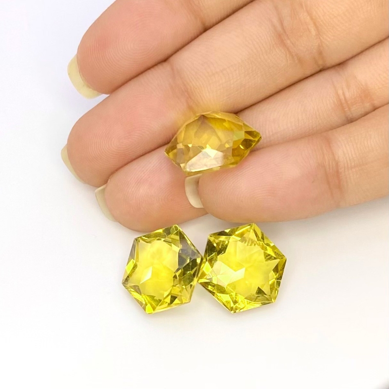  30.30 Cts. Lemon Quartz 14-14.5mm Fancy Cut Hexagon Shape AAA Grade Matched Gemstones Set - Total 3 Pcs.