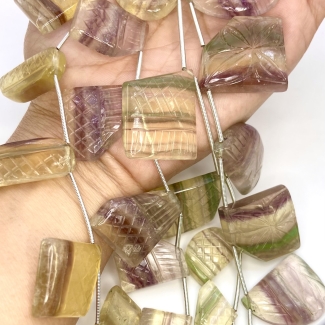 Multi Fluorite 13-34mm Carved Fancy Shape AA Grade Gemstone Beads Lot - Total 4 Strands of 5-7 Inch.