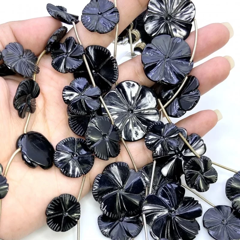 Black Onyx 10.5-29mm Carved Flower Shape AAA Grade Gemstone Beads Lot - Total 7 Strands of 4-11 Inch.